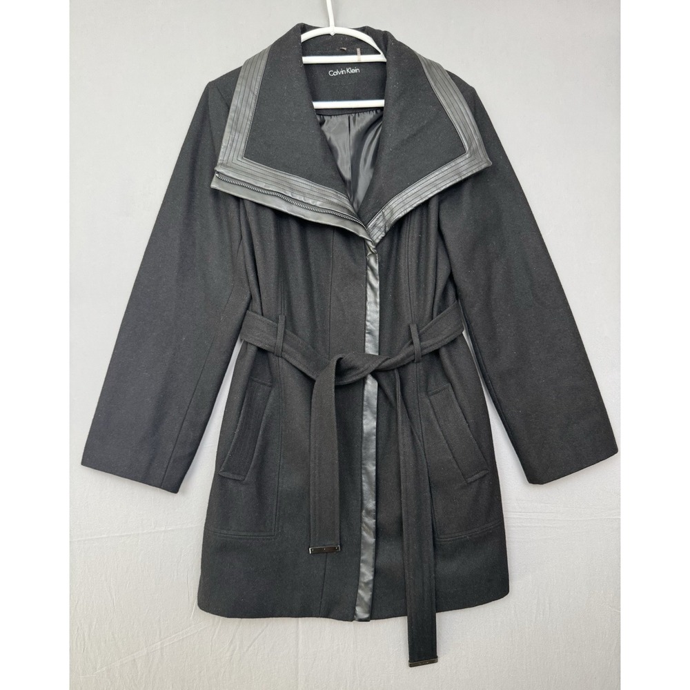 Calvin Klein Black Wool Wrap Coat Womens Size 16 Small Belted Overcoat Preppy